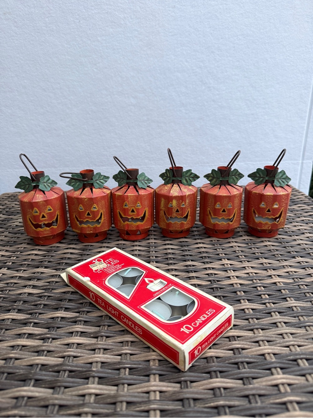 Vintage Metal Jack O Lantern Tea Light Holders Set of 6 Halloween Pumpkins